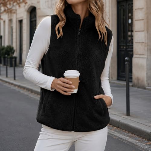 Womens Fleece Vest Zip Front Stand Collar Pockets Casual Fall Layering Top - image 2