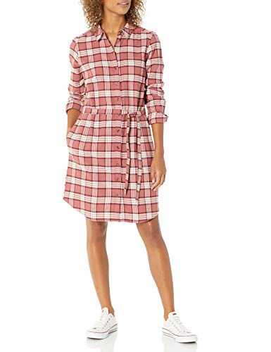 Amazon Brand - Goodthreads Women's Flannel Relaxed Fit Belted Shirt Dress, Dark Rose/Beige Plaid, Medium