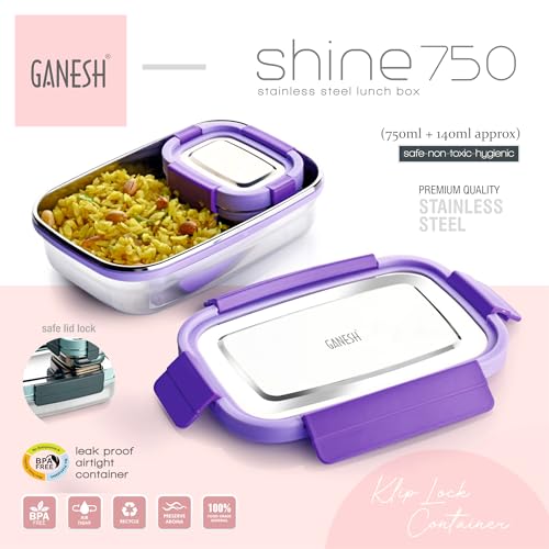 Image of Ganesh Shine Stainless Steel Airtight Leak-Proof Lunch Box for Office, School, Picnic - 750 ml - Blue