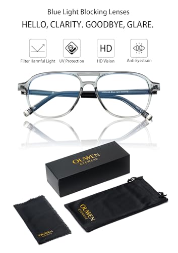 Image of OUWEN Square Aviator Blue Light Blocking Glasses Womens Mens, Anti EyeStrain & UV Glare Computer Gaming Eyeglasses OW2244