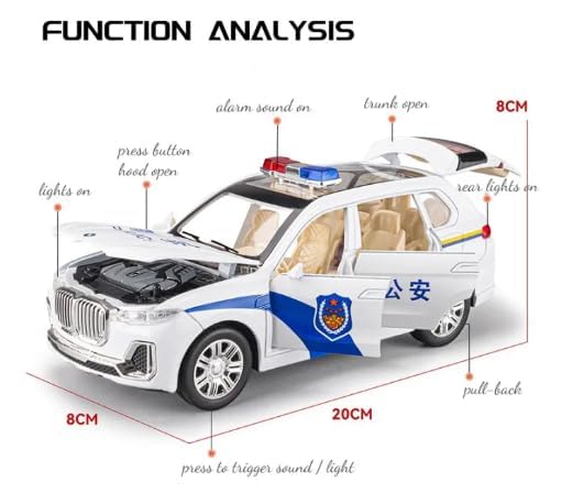 Image of Pull Back on Alloy Metal Die-cast Metal Vehicle 1:24 Police BMMW X7 Kids' Musical Toys: Diecast Pullback Car with Openable Doors and Light(Colors as Per Stock)