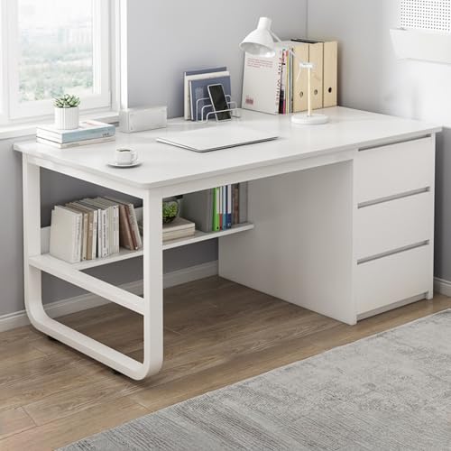 Suzapiwパソコンデスク 事務机 ゲーミング 机 pc 木製 勉強机 学習机 ダイニングテーブル 丸い角 フリーテーブル 書斎 引き出し3段 自宅 ダイニング 書斎 仕事 化粧台 寝室 オフィス 書斎 (140*50*74.5cm,ホワイト) [並行輸