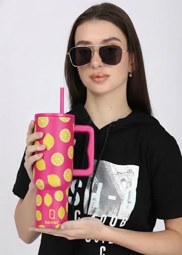 Image of House of Quirk 1200ML Stainless Steel Tumbler with Handle & Lid, 2 Straws - Large Travel Mug Water Cup for Gym, Office & Outdoor Use (Pink Lemon)
