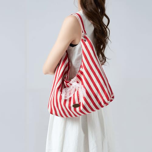 Bow Purse Stripped Bow Purse Large Shoulder Bag Handbag with Lace Detail Chic Trendy Gifts for Women Daily Use3