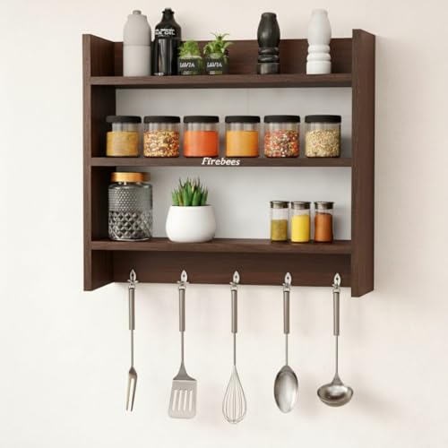 Image of FireBees Wooden Kitchen Rack Wall Mounted | Kitchen Wall Storage Shelf | Wall Mounted Kitchen Organizer Rack Wooden with Hooks | Kitchen Shelf Storage Rack for Spices, Containers & Utensils