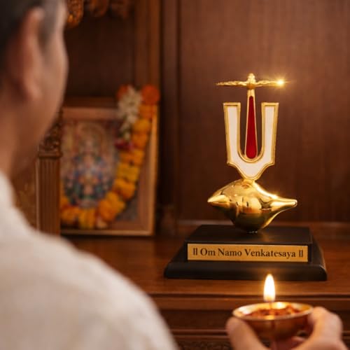 Image of Divine Hindu Shri Vishnu Shankh Tilak Chakra with Base | Lord Vishnu Divine Symbol Showpiece for Home Decor | Shankh Chakra Namam Idol for Office Desk, Car Dashboard & Spiritual Gift