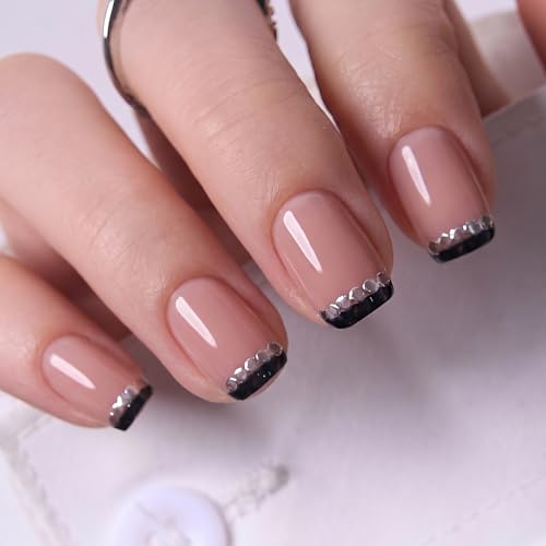 Image of CurvLife Soft Gel Square French Tip Press-On Nails Short, Reusable Black Diamond Fake Nails with Glue & Adhesive Tabs, 32PCS Salon-Quality Stick-On Nails for At-Home Manicure (Noir Trim)