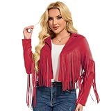 70s Women's Fringe Jackets Faux Suede Leather 60s Party Clothes, Halloween 2025 Fashion Tassel Motorcycle Coats (US, Alpha, Medium, Regular, Regular, Cowgirl Red)