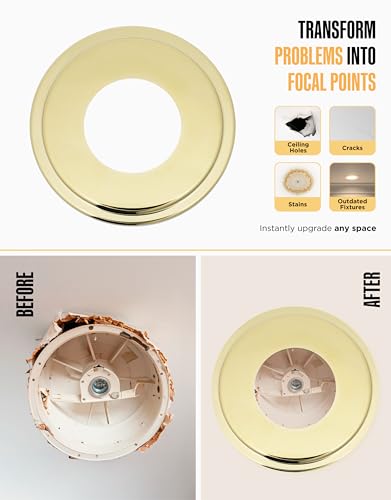 Image of The Can Converter Ceiling Medallion for Recessed Can Light - Home Improvement Decorative Steel Goof Ring & Cover Plate for 4'', 5'' & 6″ Cans, Small Ceiling Medallion for Chandeliers, Polished Brass