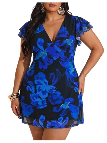 Image of BEAUDRM Women's Plus Size Cocktail Floral Short Dress Deep V Ruffle Short Sleeve Bodycon Mesh Wedding Guest Party Dresses