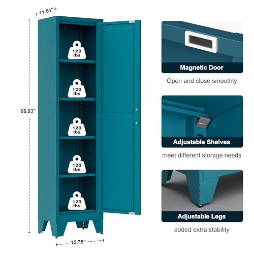 Image of LCAOPC 67 inch Tall Narrow Bathroom Metal Storage Cabinet with 4 Adjustable Shelves, Freestanding 5 Tier Slim Pantry Storage Cabinet for Small Space, Peacock