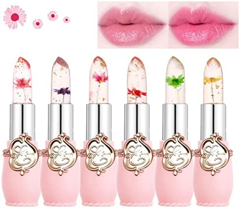 Btspring Clear Flower Jelly Lipstick, 6 Packs Nutritious Moisturizer Lip Balm Temperature Color Change Lipstick Matte Long Lasting Lip Gloss (Pink)