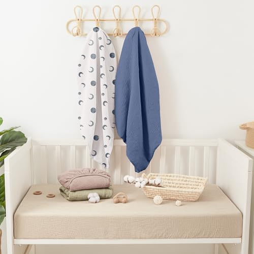 Image of Bearmoss Muslin Mini Crib Sheets for Pack N Play Mattress - 100% Cotton - 38 inchx26 inch Soft Breathable Playard Baby Crib Sheets Neutral for Boys Girls - 2 Pack (Blue Crescent)