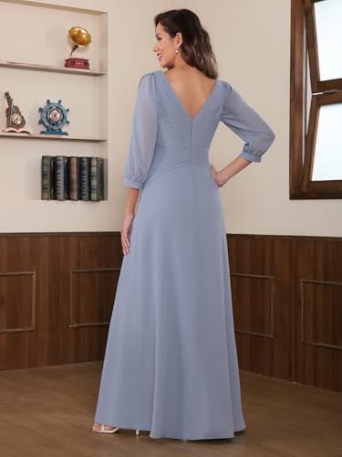 Women's Long Ruched Chiffon Mother of The Bride Dresses for Wedding 3/4 Sleeve Evening Formal Gown with Ruffles3