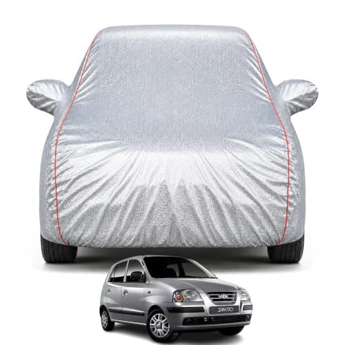 Image of Premium Car Cover for Hyundai's Santro Xing 2003-2014 Models | Waterproof, UV & Dust Protection | Mirror & Antenna Pocket | Triple Stitched, Soft Inner Lining, Belt & Buckle (Metalic Silver)