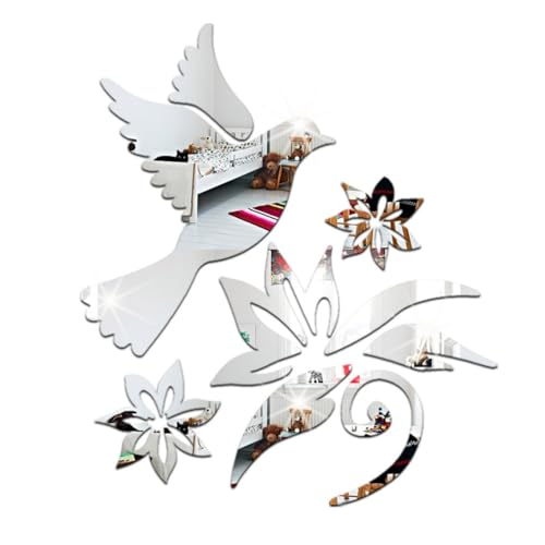 HEMOTON Stickers Muraux Miroir Acrylique Colombe De Paix Et Fleurs Avec Branches Olivier Pour Décoration De Mur Autocollants Diy Réfléchissants