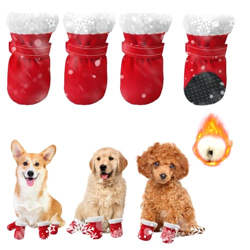 4 Stück Hundeschuhe Winter, Warm Hundeschuhe Pfotenschutz Outdoor mit Rutschfester Sohle, Verstellbarem Klettverschluss, Winter Schnee Hundestiefel für kleine, mittlere Sport im Freien (Rot)