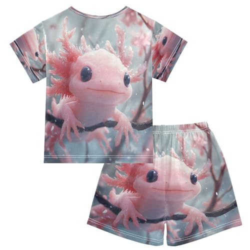 Pajama Sets Short Sleeve Pink Cute Axolotl Cherry Blossoms Soft Cotton Summer Sleepwear 2 Piece PJS Size 5-14T2