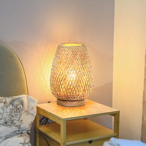 Rattan Table Lamp, Stepless Dimmable Small Beside Lamp, Vintage Wicker Wooden Nightstand Boho Bamboo Woven End Table Lamps for Bedroom Living Room Desk Kids Room, 2700K T45 LED Bulb Included