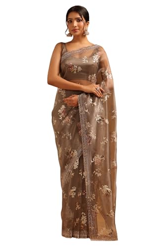 Image of Soch Womens Organza Floral Saree With Stone Work