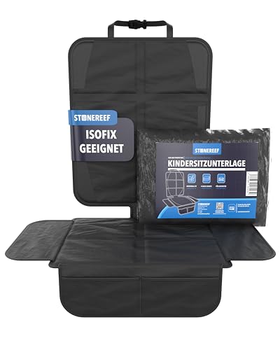STONE REEF Kindersitzunterlage Auto 25×23×10.5cm Sitzschoner [wasserabweisend 600D Oxford] mit EPE-Polsterung Autositzschutz Isofix geeignet Schutzmatte Kindersitz Auflage Schwarz Faltbar