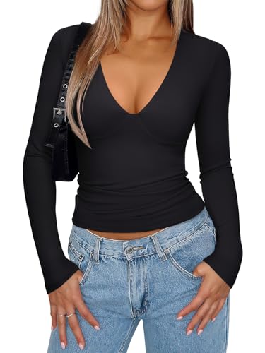 REORIA Women's Sexy Plunge Deep V Neck Long Sleeve Basic T Shirts Trendy Slim Fit Lightweight Y2K Going Out Crop Tops