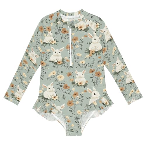 ALAZA Cute Bunny Rabbit Flower Blossom Girls One Piece Swimsuit Long Sleeve Rash Guard Swimsuits UV 50+ Swimwear Zipper