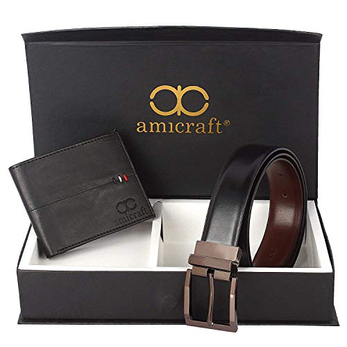 Image of Amicraft PU Leather Men's Combo Pack Of Wallet & Reversible Belt Gift Set