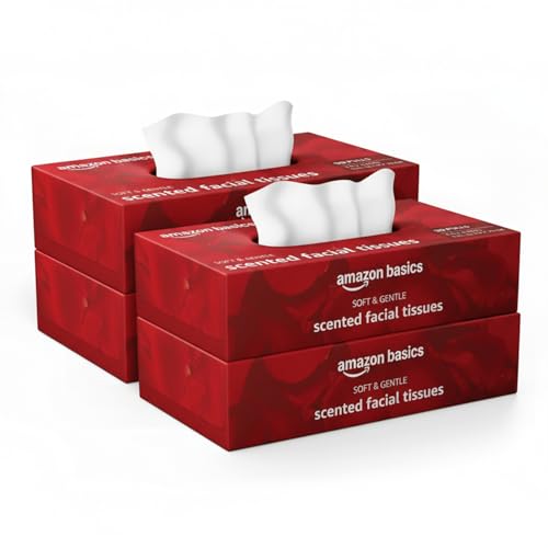 Image of Amazon brand- Amazon Basics 3-Ply Scented Facial Tissue paper 360 pulls | 90 pulls x Pack of 4| Soft, Absorbent, Gentle| Chemical-Free| Rose Aroma