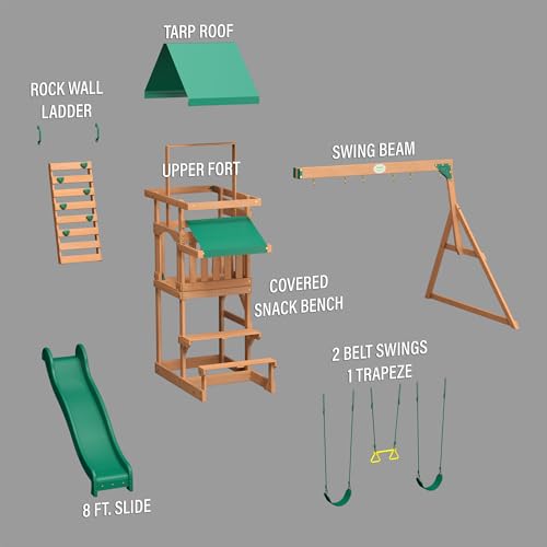 Backyard Discovery Belmont Cedar Wood Swing Set with Wave Slide, Play Deck, Rock Wall Ladder, Snack Bar Window, Shaded Picnic Area, Bench, Belt Swings, Trapeze, Sandbox Area, Canopy, Outdoor Playset - image 9