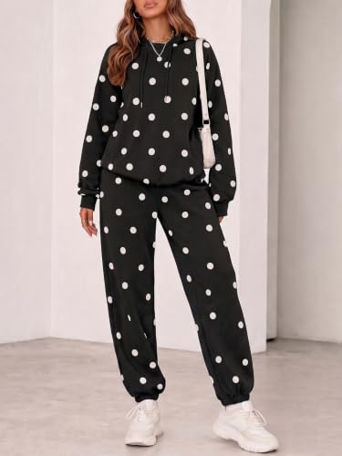 Fisoew Womens Polka Dot 2 Piece Sets Long Sleeve Hooded Tops Jogger Pants - image 2