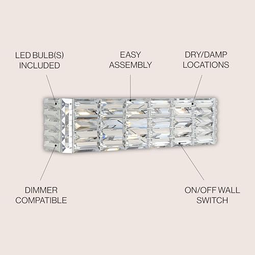 Image of JONATHAN Y 24.25 inch Chrome Modern Crystal Vanity Light, LED Bathroom Wall Sconce, 3-Light Fixture for Mirror, Glam Lighting with Clear Crystal Shade, Art Deco Makeup Wall Lamp (JYL7540A)