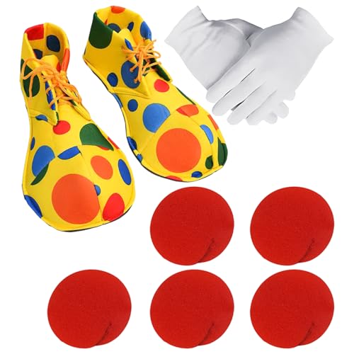 DHSBGWSX Juego de disfraz de payaso de 7 piezas, zapatos de payaso, guantes de payaso, accesorios para nariz, disfraz de personaje de payaso, adecuado para fiestas de Halloween y cosplay