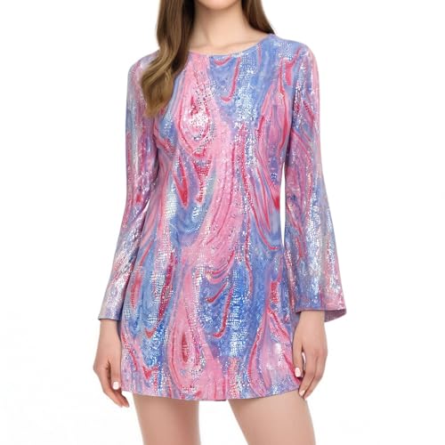 Robe à paillettes pour femme col rond et manches longues de soirée
