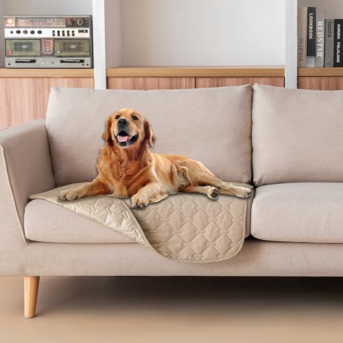 Image of gogobunny 3X Stronger Waterproof Pet Blanket, Scratch Proof Furniture Protector for Dogs Cats, Reversible Cover 30x30 Inch, Dark Beige