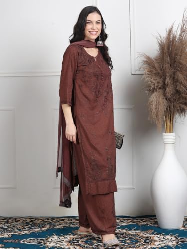 Image of Women's Lucknowi Chikankari Handwork Cotton Kurti, Palazzo and Dupatta Set