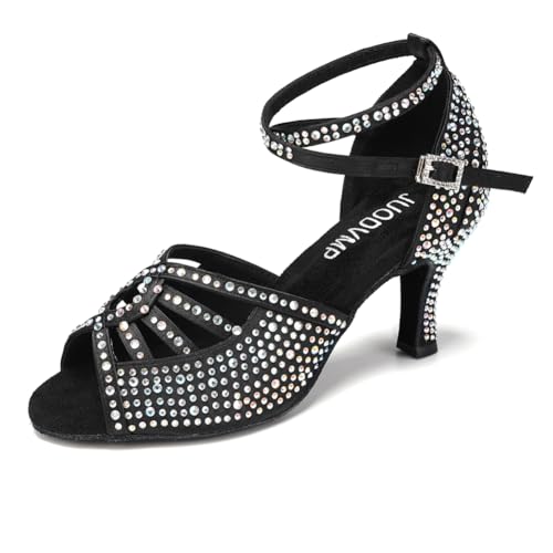 Image of JUODVMP Women's Latin Dance Shoes Rhinestones Satin Ballroom Dancing Shoes Salsa Professional Dance Shoes