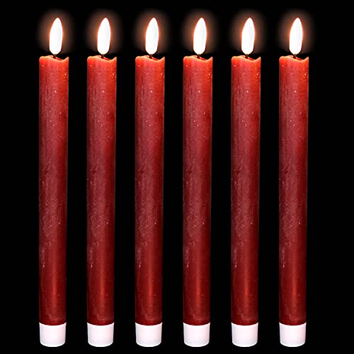 Image of Red Flameless Taper Candles Battery Operated with 6H Timer, Real Wax 3D Wick Flickering LED Taper Candles Dinner Wedding Holiday Decor(6 Pack, 0.78 x 9.64 Inches)