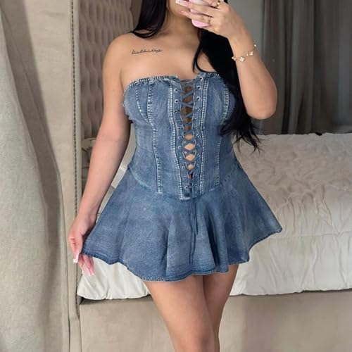 Image of Sexy Tube Denim Dress Corset Strapless Ruffled Hem Jean Mini Dress
