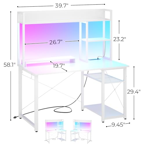 Image of Cyclysio Gaming Desk with Hutch, 39'' Computer Desk with LED Lights & Power Outlets, Home Office Desk with Reversible 5 Tiers Storage Shelves & Monitor Stand, Small Gaming Table for Small Space, White