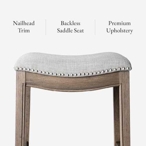Image of Maven Lane Adrien Backless Counter Stool - Set of 4 - 26 Inches - Saddle Stool with Footrest - Grey Solid Wood Frame & Grey Fabric Upholstery - Perfect for Kitchen Islands & Counters