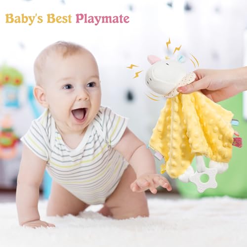 Image of Loveys for Babies, Security Blanket Soft Stuffed Animal Lovey Unisex Lovie Baby Stuff Snuggle Blanket with Tags Teether Bells, Soothing Plush Toys Baby Gift for Newborn, Yellow Unicorn