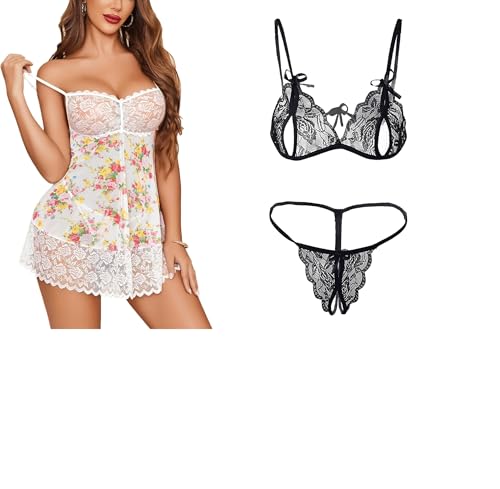 Image of SSoShHub Lace Babydoll Lingerie Sexy Mini Chemise Mesh Wedding Nightie Bridal Nightdress with Bikini