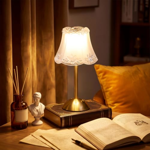 Image of Liliful 2 Pcs Cordless Table Lamp LED Touch, Gold, Floral Lace Style