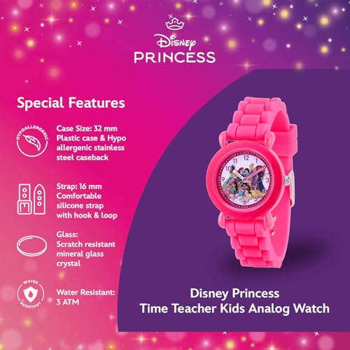 DISNEY Princess Watch for Girls, Age 4-7, Toddler Princess Watch, Kids Pink Silicone Strap, Pink Case, White Dial - Perfect Watches for Young Girls, Ideal Gift Little Princesses!4