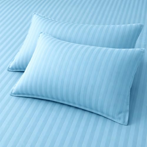 Image of Prozone Premium Satin Stripe Double Bedsheet with 2 Pillow Covers | Soft & Luxury Hotel Style Bedding for Double Bed (Jazzy Blue)
