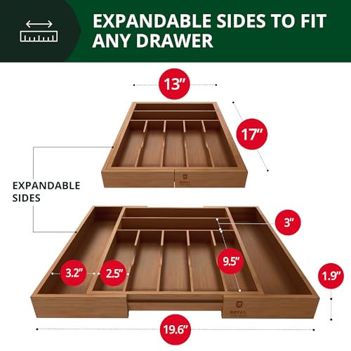 ROYAL CRAFT WOOD Luxury Bamboo Kitchen Drawer Organizer - Silverware Organizer - Utensil Holder and Cutlery Tray with Grooved Drawer Dividers for Flatware and Kitchen Utensils (9 Slot, Brown Bamboo)