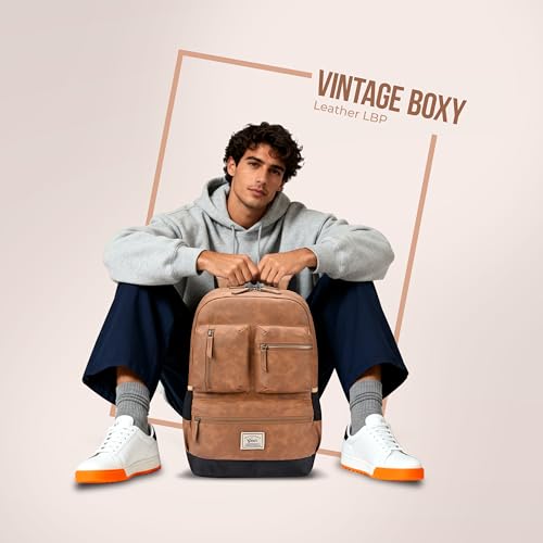 Image of Gear Vintage Boxy 18 inch /26L Medium Faux Leather Water Resistant Laptop Backpack /Casual Bag /Daypack /College Backpack /Travel Backpack For Men /Women (Tan - Navy)