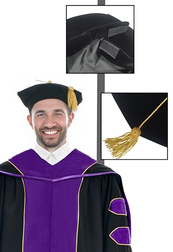 Image of Deluxe Graduation Doctoral Gown Doctoral Hood and Tam 8 Sided Package with Gold Piping Doctoral Regalia