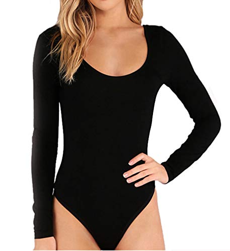 SUNRO Women's Sexy Long Sleeves Round Neck Bodysuits Jumpsuits (Black, Large)